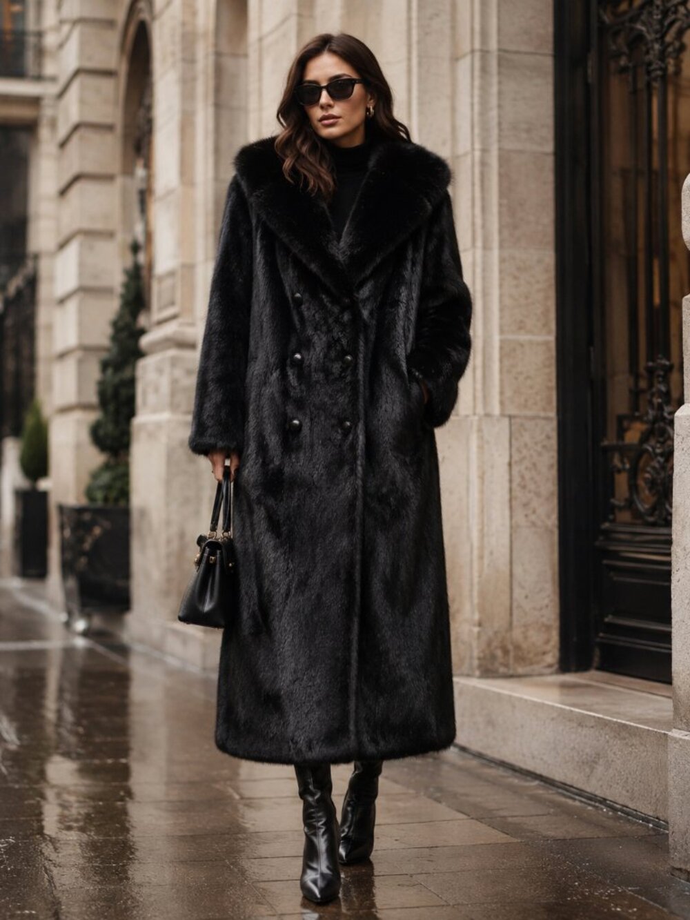 Vintage Black Genuine Mink Fur Full Length Double Breasted Coat Size L/XL